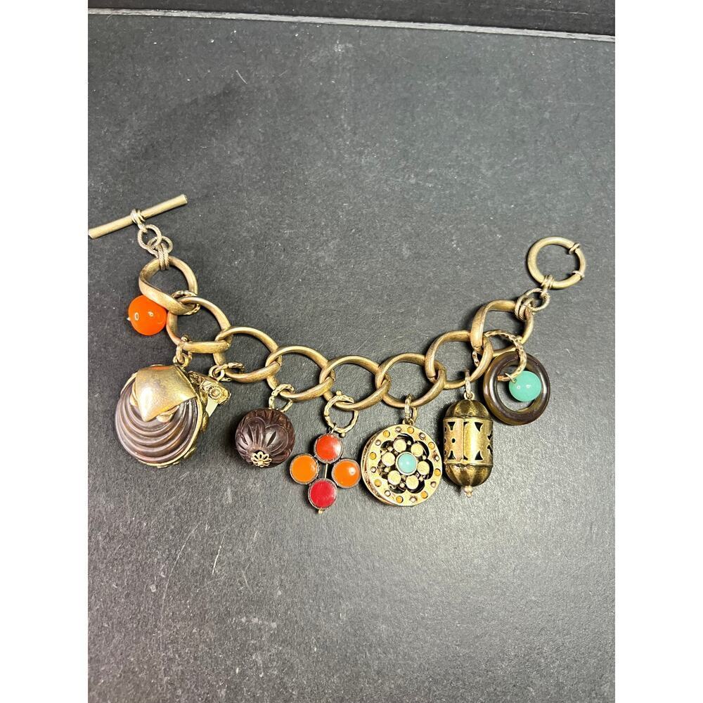 Vintage Charm Bracelet Brass Tone Glass Beads Chunky Statement 8 Inch